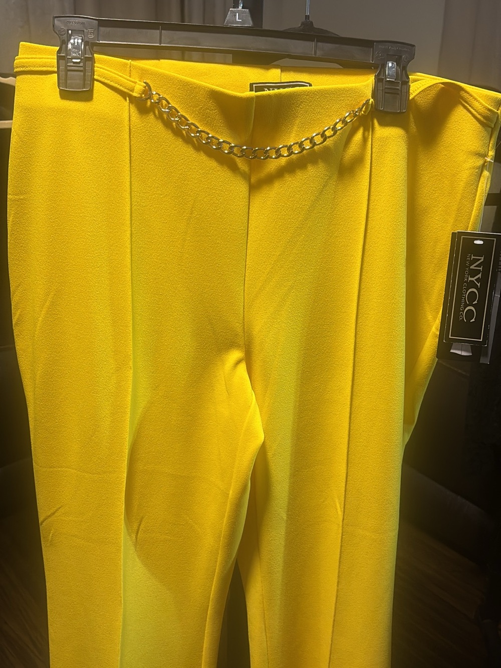 NYC Vibrant Yellow Straight-Leg Trousers with Gold Chain